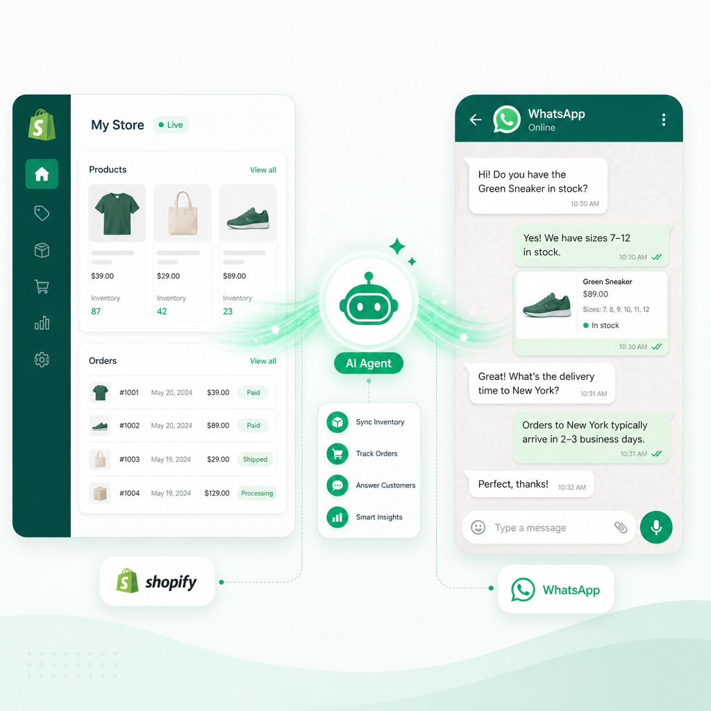 An AI agent answering a customer's product question on WhatsApp using live Shopify catalogue and inventory data